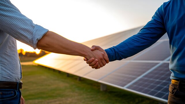 Handshake between two people near solar panels representing partnership renewable energy and sustainable business concept
