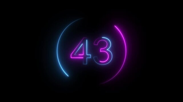 A dynamic neon circular animation, and glowing neon number 43 animation . on a black background. and creating a stunning video. 4k video