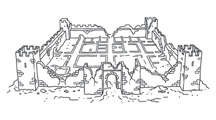 Ancient Castle Fortress Drawing Outline Architectural Structure. © Andra