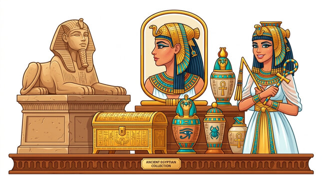 Ancient Egyptian artifacts and figures displayed together.