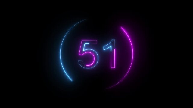 A dynamic neon circular animation, and glowing neon number 51 animation . on a black background. and creating a stunning video. 4k video