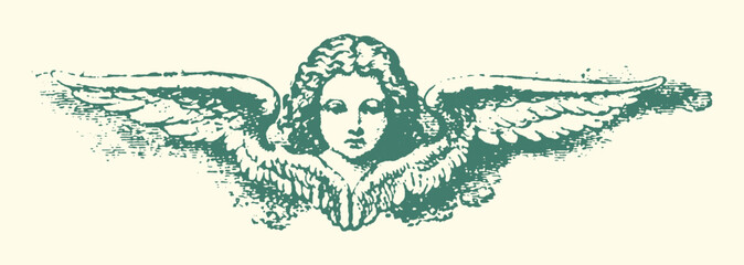Obraz premium Winged angel face illustration with feathers illustration mythology beautiful peaceful heavenly spiritual religious ornament decorative creature mythical symbolic portrait engraving