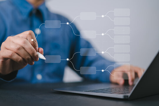 Decision tree analysis concept with businessperson using laptop, representing strategic planning, decision support, risk management, and data-driven business analysis.