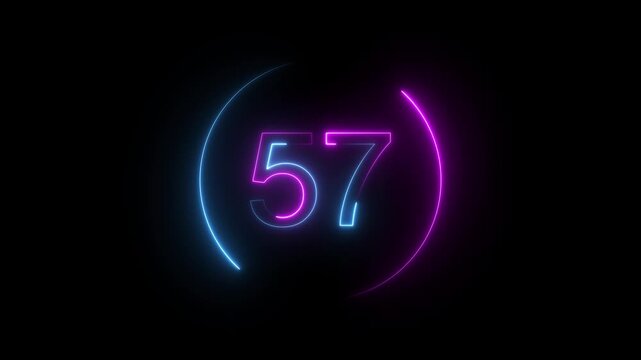 A dynamic neon circular animation, and glowing neon number 57 animation . on a black background. and creating a stunning video. 4k video