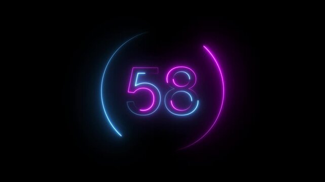 A dynamic neon circular animation, and glowing neon number 58 animation . on a black background. and creating a stunning video. 4k video