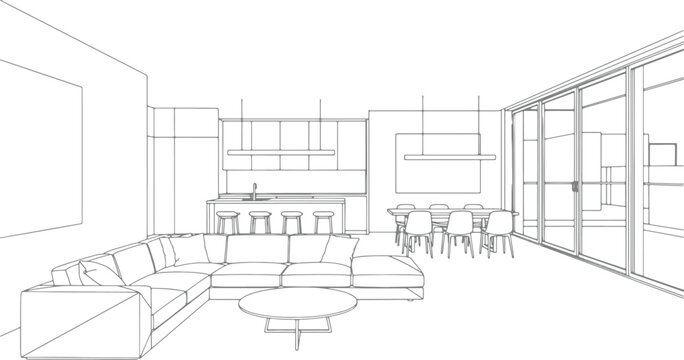 Modern open plan living room and kitchen interior architectural sketch with sofa dining area and large glass windows