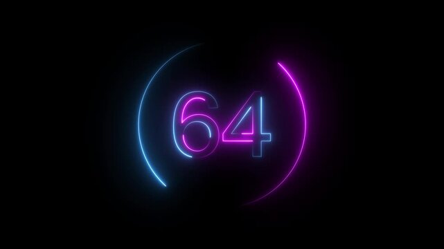 A dynamic neon circular animation, and glowing neon number 64 animation . on a black background. and creating a stunning video. 4k video