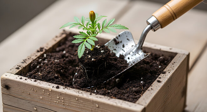 A small vibrant marigold seedling finding a new home in a rustic wooden planter box, symbolizing fresh starts and the joy of home gardening
