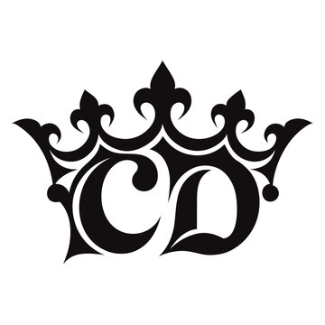 Vintage CD monogram logo with royal crown, elegant black letter initials in heraldic crest style, luxury branding vector icon for premium identity