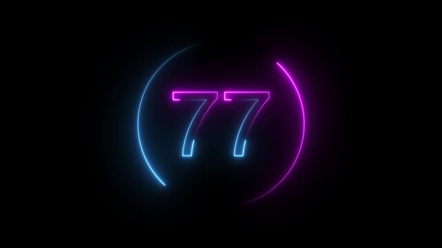 A dynamic neon circular animation, and glowing neon number 77 animation . on a black background. and creating a stunning video. 4k video