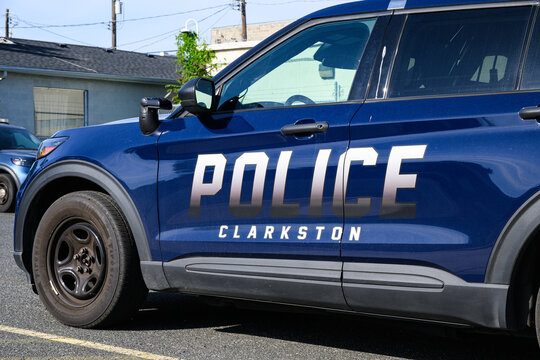 Clarkston, WA, USA - May 2, 2026; City of Clarkston blue police car in close-up with name