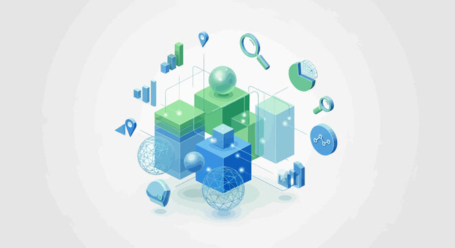 Isometric business data visualization illustration with charts and icons