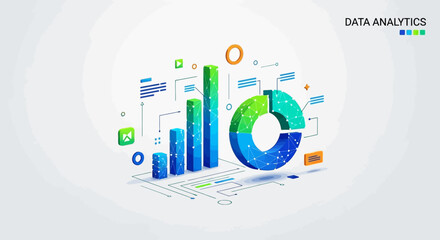 Fototapeta premium Isometric data analytics illustration with bar and pie charts