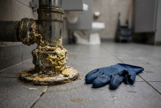 Commercial restroom drainage pipe with hard calcified urine scale