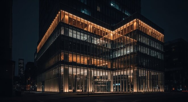 Modern Glass Facade Illuminated by Warm Amber Uplighting in a Dark Urban Night Setting