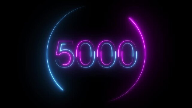 A dynamic neon circular animation, and glowing neon number 5000 animation . on a black background. and creating a stunning video. 4k video