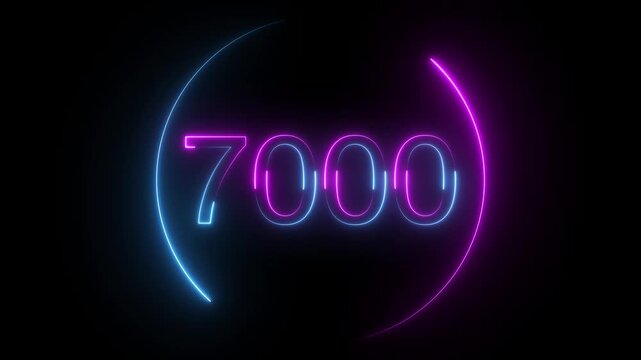 A dynamic neon circular animation, and glowing neon number 7000 animation . on a black background. and creating a stunning video. 4k video