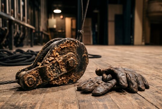 Theatrical rigging pulley block with rock-hard oxidized rosin crust