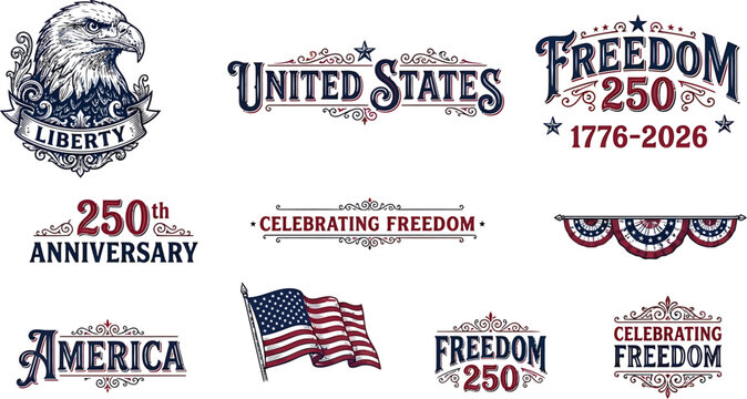 United States 250th anniversary celebration emblems with bald eagle, American flag, vintage typography, and patriotic decorative design elements vector