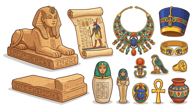 Ancient Egyptian Artifacts Collection Sphinx Sarcophagus Jewelry Papyrus.