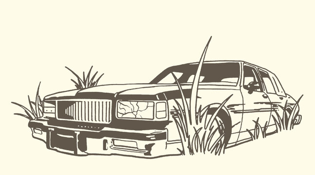 Sketch of an old abandoned car overgrown with grass abandoned illustration overgrown forgotten dilapidated automobile transportation countryside exterior headlights windshield mechanical