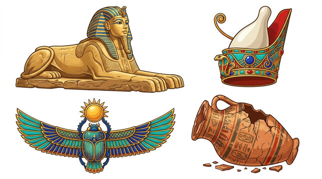 Ancient Egyptian Artifacts Collection Sphinx Scarab Crown Amphora.