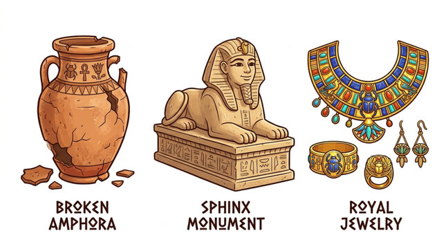 Ancient Egyptian Artifacts Including Amphora Sphinx and Royal Jewelry.