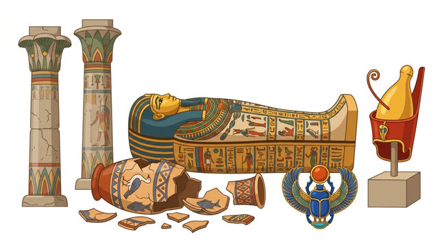 Ancient Egyptian artifacts including sarcophagus columns and scarab beetle.