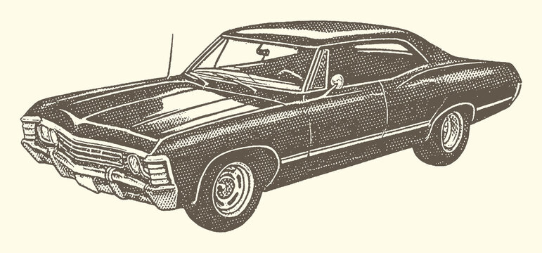 Vintage american muscle car illustration with automobile transport cruising headlight taillight gleaming polished oldtimer nostalgia american powerful
