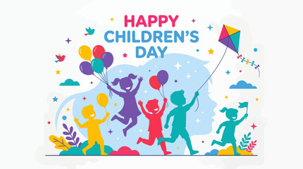 Fototapeta premium Vibrant vector design for Children's Day featuring layered silhouettes of kids playing with balloons and kites.