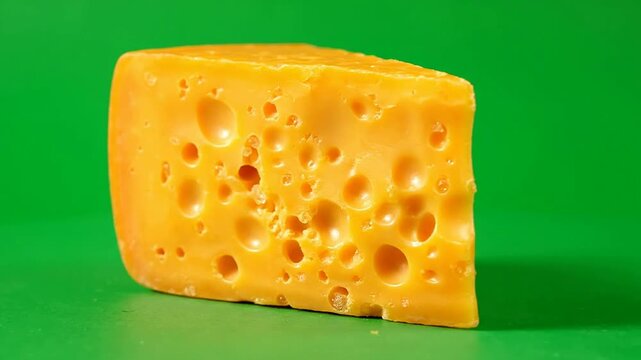 Vibrant Yellow Cheese Isolated On Green Background Textured Surface with Characteristic Holes Ideal For Food Projects and Culinary Presentations