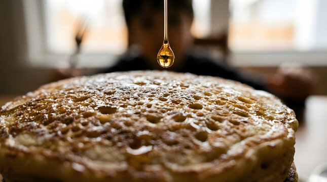 Syrup drizzling on a pancake breakfast.