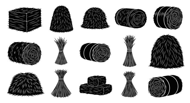 Collection of Hay Bales and Stacks, Isolated Black and White Illustrations