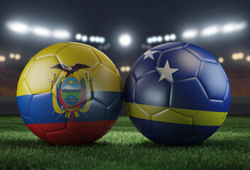 Two soccer balls in flags colors on a stadium blurred background. Ecuador and Curacao. 3D image. © Sasha Strekoza