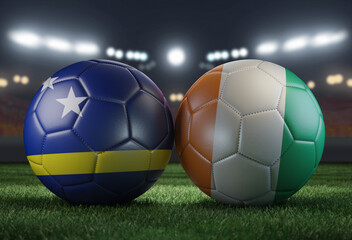 Two soccer balls in flags colors on a stadium blurred background. Curacao vs Ivory Coast. 3D image. © Sasha Strekoza
