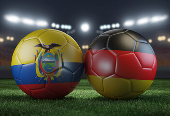Two soccer balls in flags colors on a stadium blurred background. Ecuador vs Germany. 3D image. © Sasha Strekoza