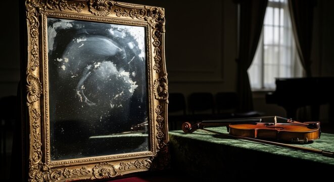 An antique mirror with an ornate gilded frame reflects a dimly lit room with a vintage violin on a table.