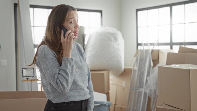 Woman holding smartphone and gesturing with hand amid packed moving boxes and bubblewrap in building; stress transition.