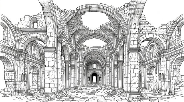 Ancient Ruined Church Interior Sketch.