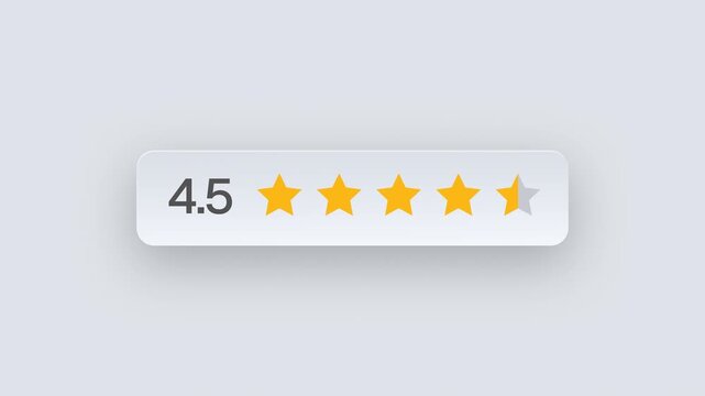 Customer Rating Score Animation with 4.5 Star Review. Transparent background, 4K resolution.