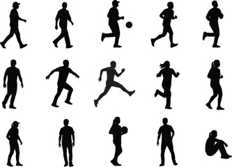 Fototapeta premium Set of people silhouettes in different poses and activities sports black and white silhouettes standing activity movement diversity collection illustration character lifestyle