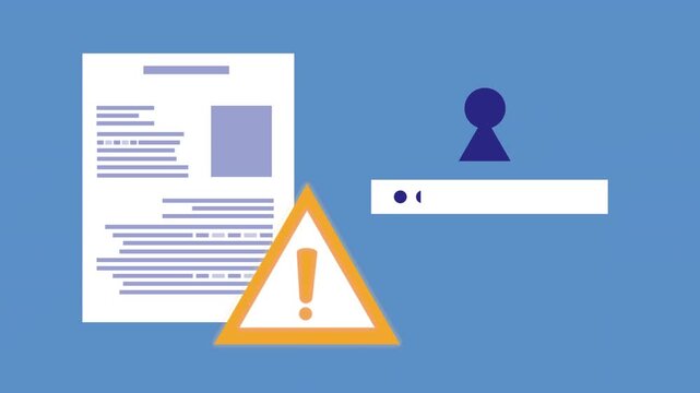Animated concept of cyber security breach featuring personal document data theft and password login alert with digital glitch effects.