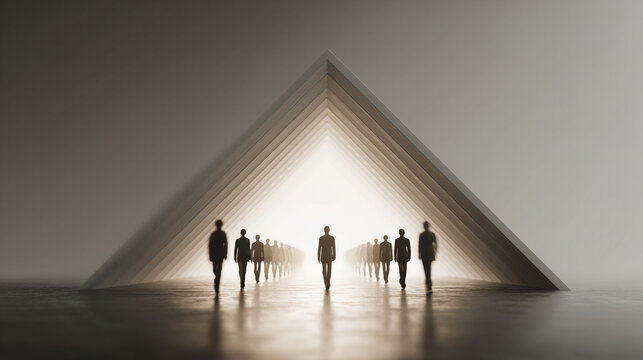 giant upward arrow road sculpture, parallel human figures walking separate lanes, white infinity backdrop, soft gradient tones, modern corporate symbolism