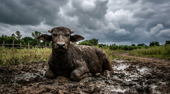 A buffalo (Bubalus bubalis) rests in a muddy field under a dramatic, cloudy sky.