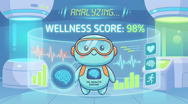 Cute chibi robot performing machine learning healthcare analysis for wellness monitoring.