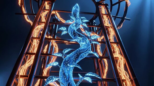 A futuristic sculpture of a dragon-like creature made of ice or crystal, encased in a metal frame with fiery orange lights