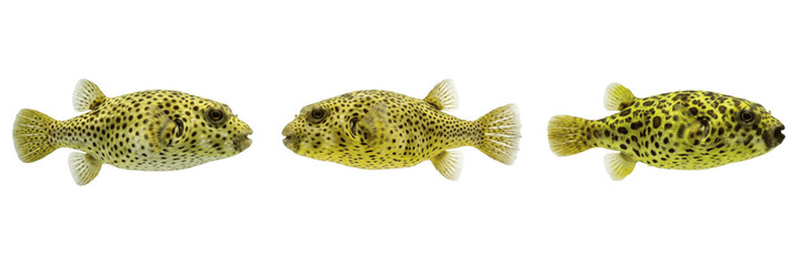 Spotted puffer fish transparent PNG collection. Three yellow and black marine blow fish graphics in side view set. Premium underwater aquatic wildlife stock image for educational, seafood, and diving  © AADi