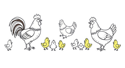 Cute Rooster, Hens, and Chicks Illustration - Farm Animal Family Lineup © kretek