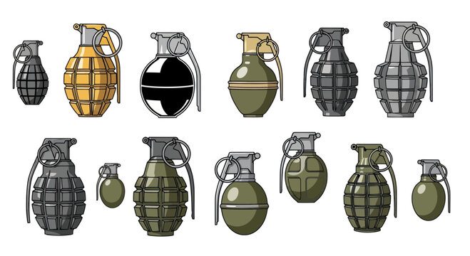 Collection of Grenades, Military Explosive Weapons, Vector Icons