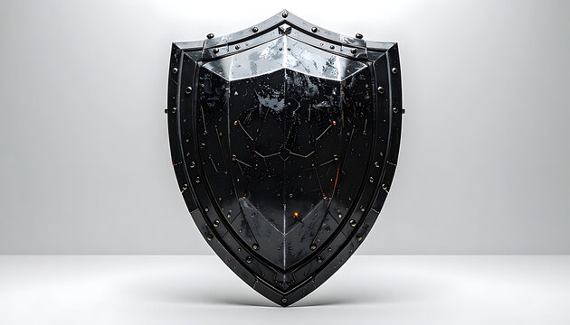 Glossy black shield with metallic accents and sparks, symbolizing protection and security, ideal for defense concepts